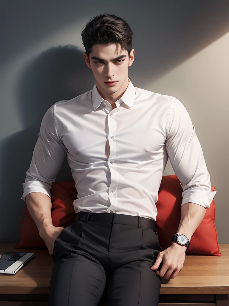 handsome young man,no beard,Approximately 26 years old,A deep and charming face,The shirt lacks perfect body proportions.,black pants,Wear a watch,Overbearing president,High quality,details