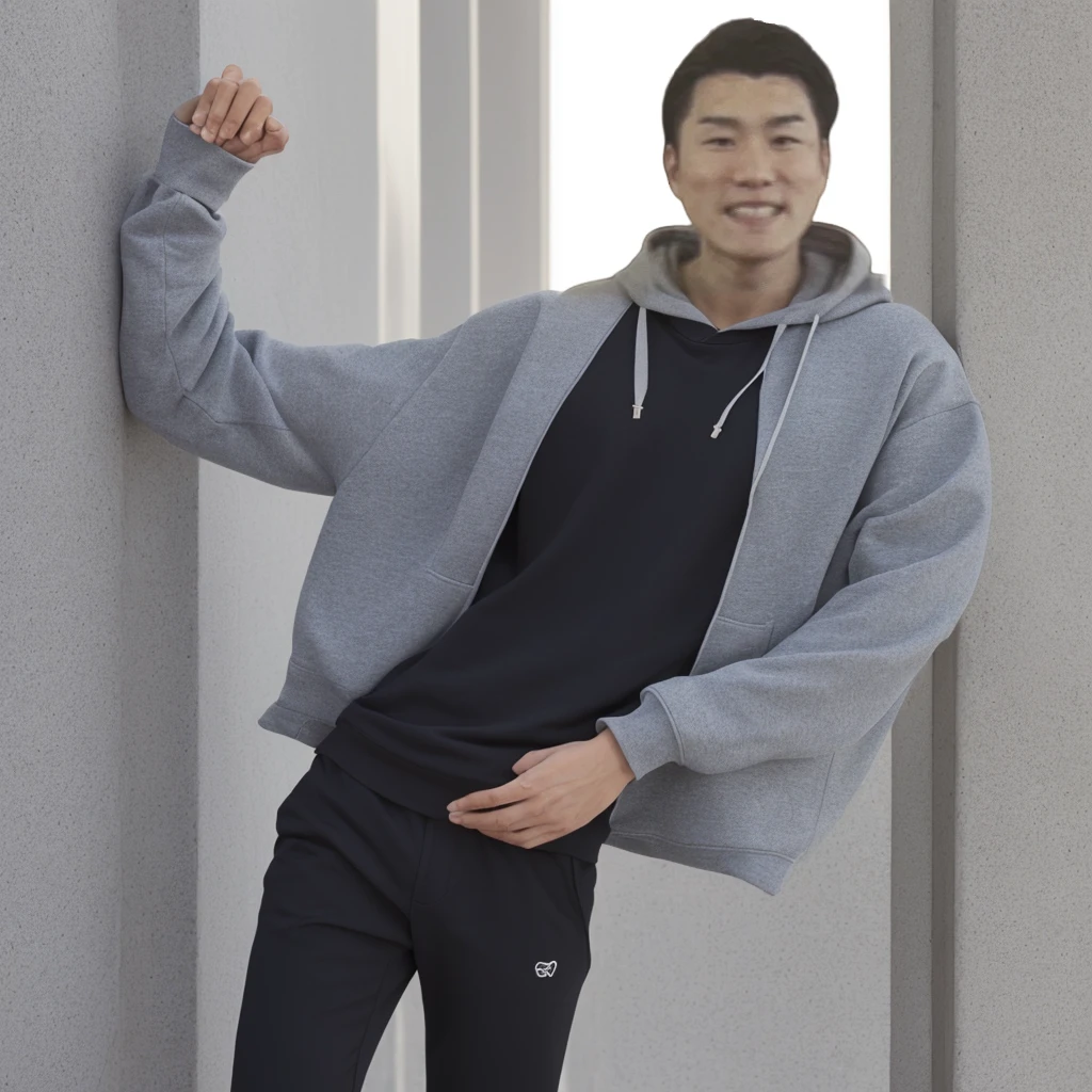 Male whole body、upright、Grey hoodie、Long sleeves、Detailed hands、Asian、Pure white background、With arms outstretched、Wearing black pants、Long length、Black sneakers、Both arms are straight、joint、