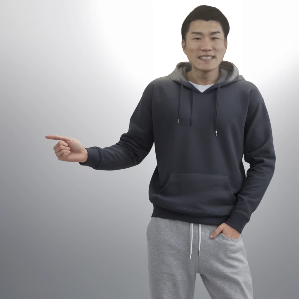 Male whole body、upright、Grey hoodie、Long sleeves、Detailed hands、Asian、Pure white background、With arms outstretched、Wearing black pants、Long length、Black sneakers、Both arms are straight、joint、
