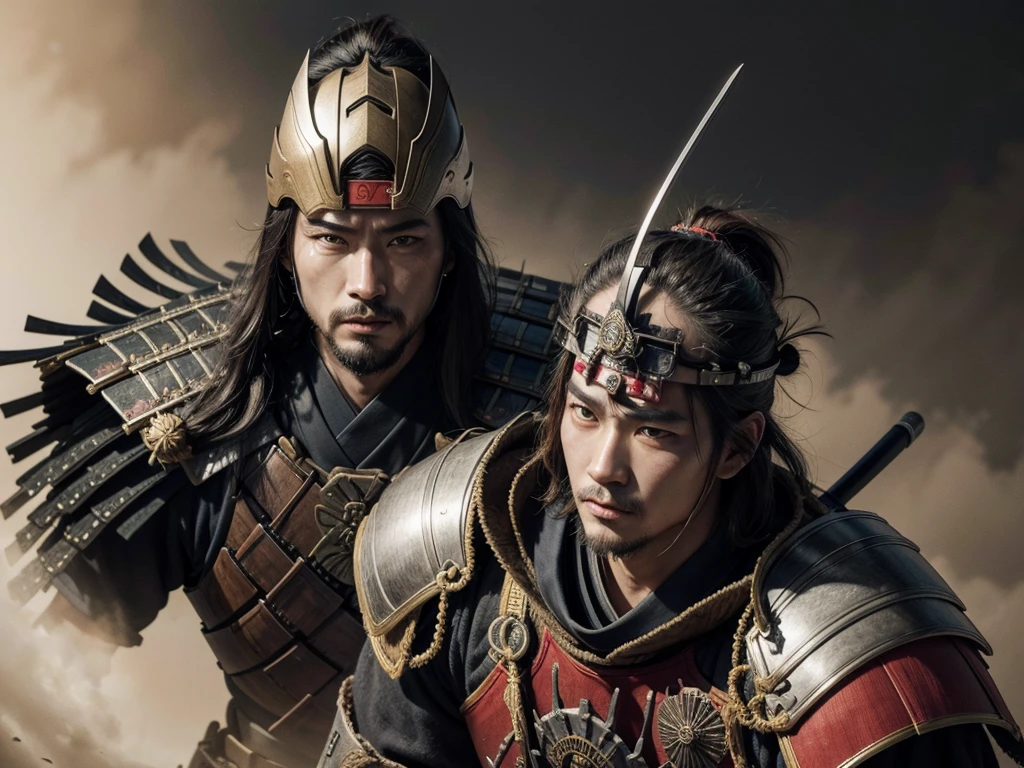 japanese painting, drawing, Japanese samurai with his armor and helmet