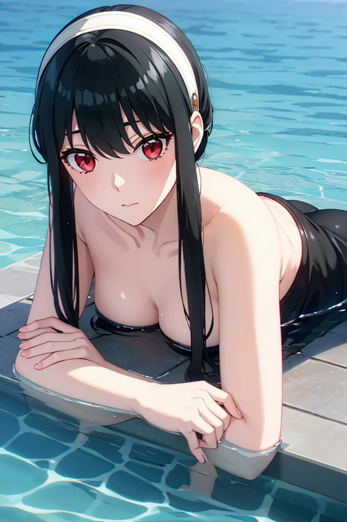 White hair band、Red eyes、Black Hair、Yor Briar、water surface、Lying face down facing the camera、One Girl、water surfaceで寝そべっている、Gravure pose while lying face down