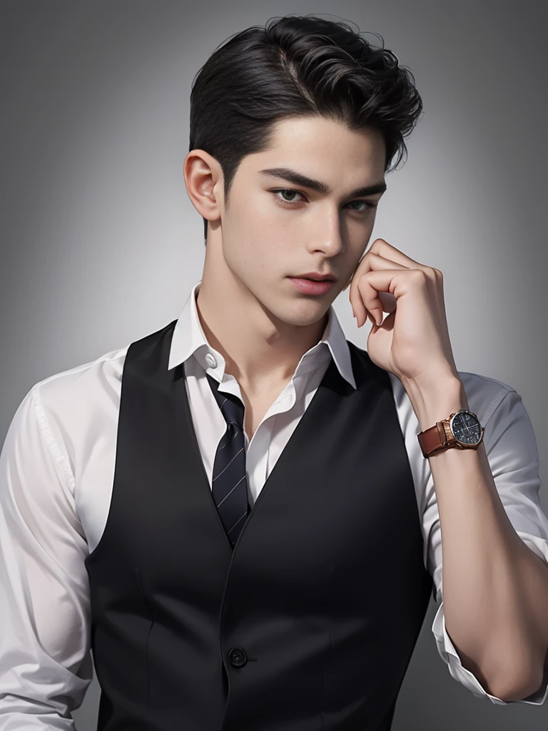 handsome young man,no beard,Approximately 26 years old,A deep and charming face,The shirt lacks perfect body proportions.,black pants,Wear a watch,Overbearing president,High quality,details