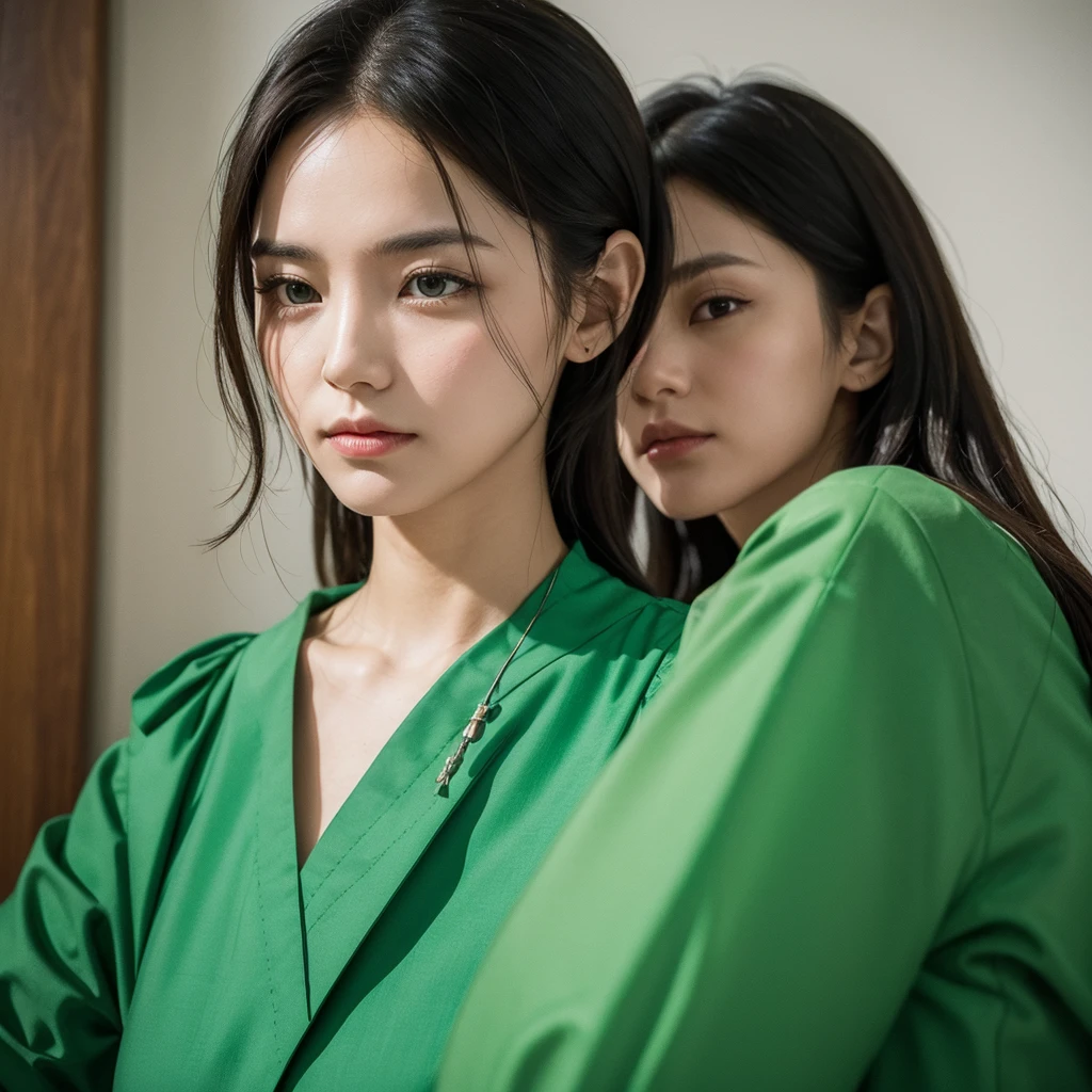 Create an image of a woman dressed in green attire, embodying the protagonist MBTI type, who is overly concerned about others. Show her in a scene where she displays excessive care and consideration towards those around her. Capture her thoughtful expressions and gestures, conveying her proactive and empathetic nature. The setting should emphasize her leadership qualities and determination, set against a backdrop that enhances her role as a central figure. Ensure the composition highlights her earnestness and compassionate demeanor.