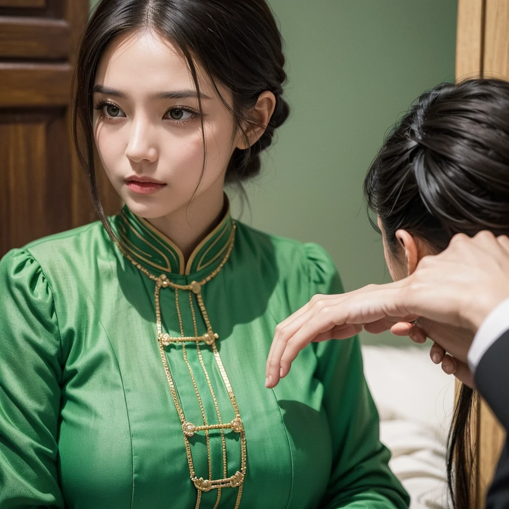 Create an image of a woman dressed in green attire, embodying the protagonist MBTI type, who is overly concerned about others. Show her in a scene where she displays excessive care and consideration towards those around her. Capture her thoughtful expressions and gestures, conveying her proactive and empathetic nature. The setting should emphasize her leadership qualities and determination, set against a backdrop that enhances her role as a central figure. Ensure the composition highlights her earnestness and compassionate demeanor.