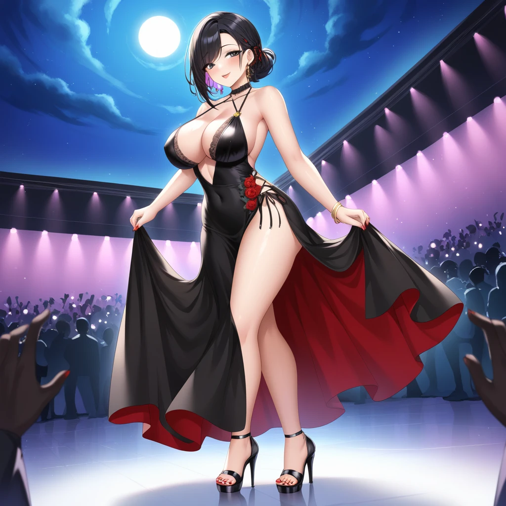 , beautiful girl with fair skin, black hair, black eyes, wearing a lustrous black dress that highlights her wide hips, wide shoulders, and big breasts, cleavage, and big ass. She is wearing open-toe heels with red painted toenails and nails. She is a tall girl standing in a crowd, with an ethereal, score_10, ballad-like atmosphere, in a 2.5D style.