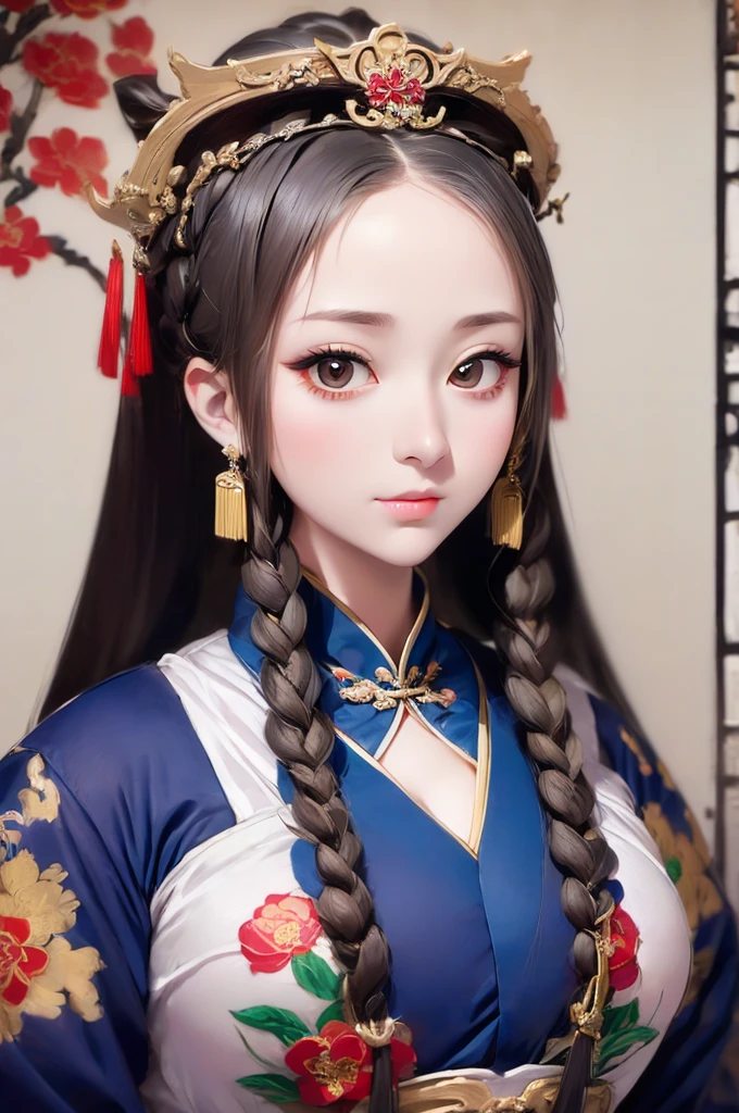 arafed woman in a blue dress with a red flower in her hair, a detailed painting inspired by Lan Ying, pixiv, fantasy art, ancient chinese princess, ancient chinese beauties, chinese princess, ancient asian dynasty princess, beautiful render of tang dynasty, a beautiful fantasy empress, chinese empress, palace ， a girl in hanfu, ((a beautiful fantasy empress))