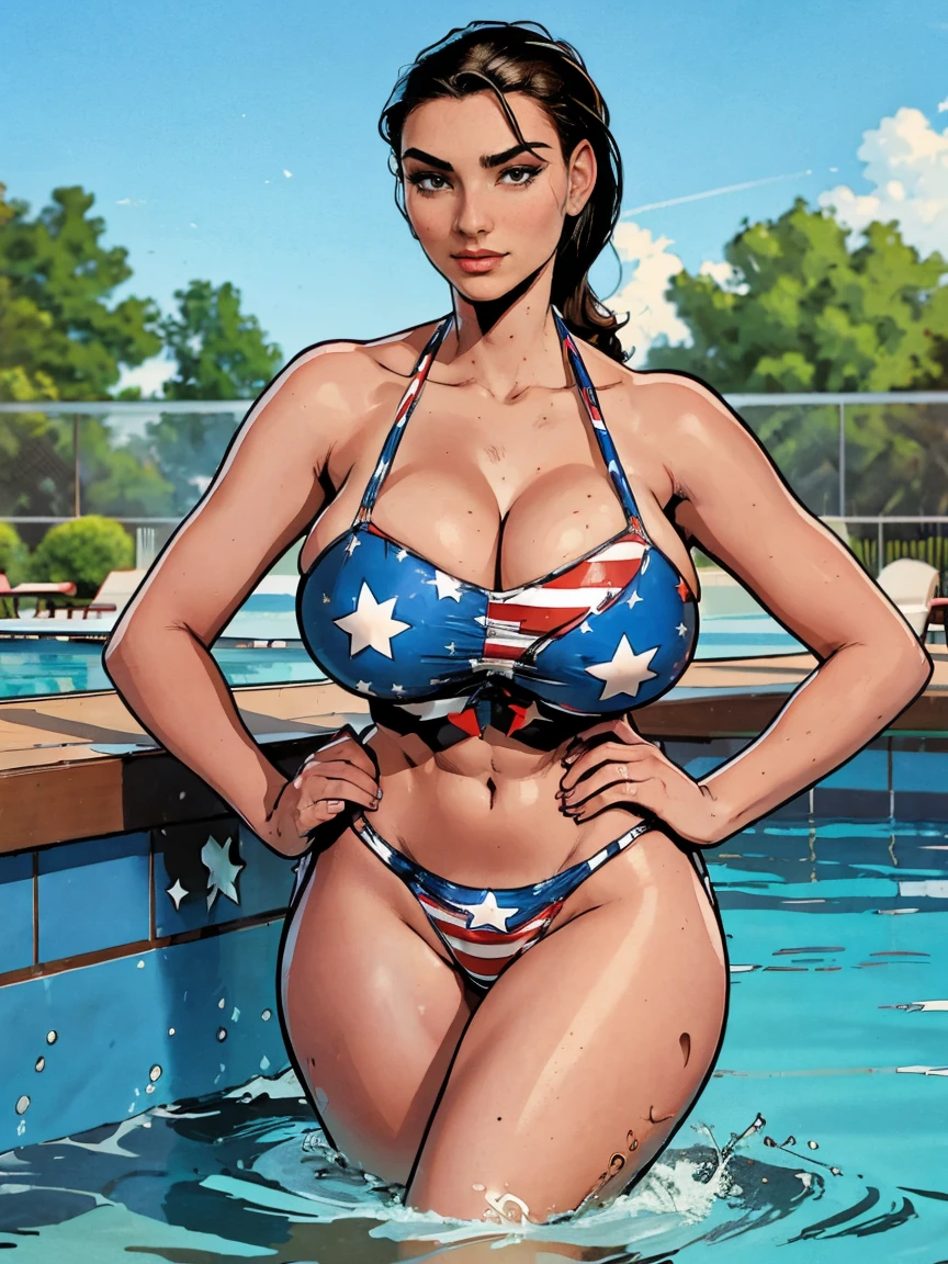 Gorgeous and sultry busty athletic (thin) brunette (smirking) with sharp facial features and a ((long), slicked-back hair) and (huge , long legs) wearing a star-spangled American flag print bikini, Americana, swimming pool.