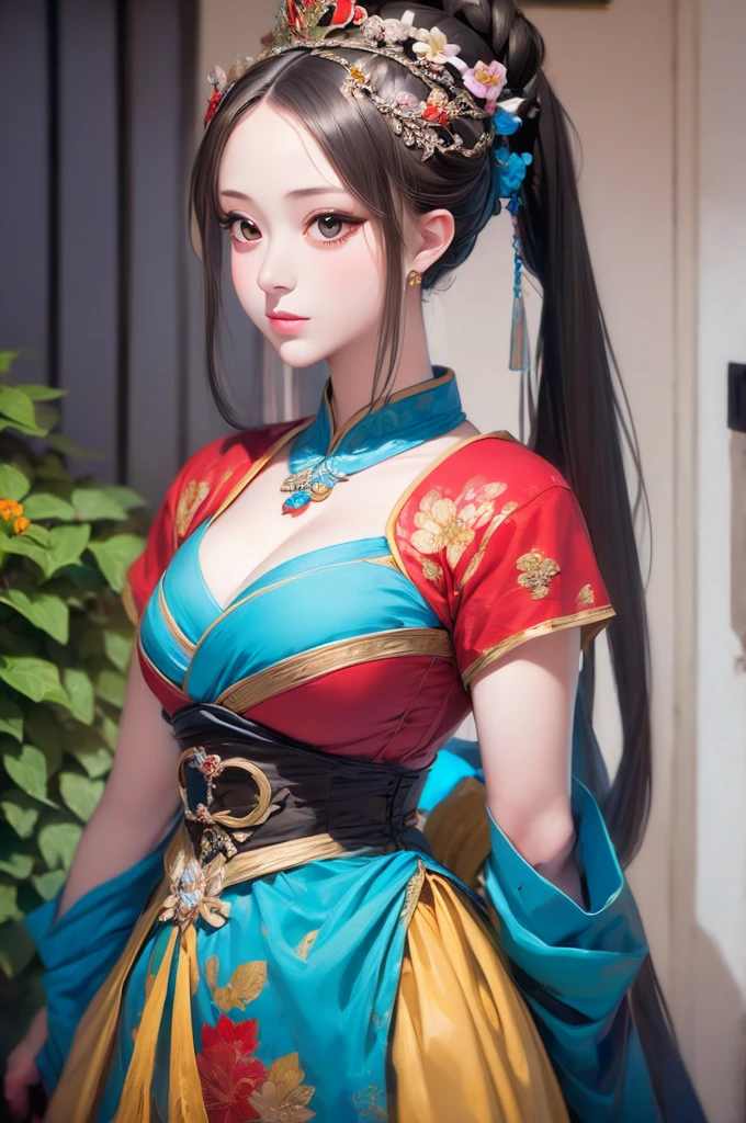 arafed woman in a blue dress with a red flower in her hair, a detailed painting inspired by Lan Ying, pixiv, fantasy art, ancient chinese princess, ancient chinese beauties, chinese princess, ancient asian dynasty princess, beautiful render of tang dynasty, a beautiful fantasy empress, chinese empress, palace ， a girl in hanfu, ((a beautiful fantasy empress))