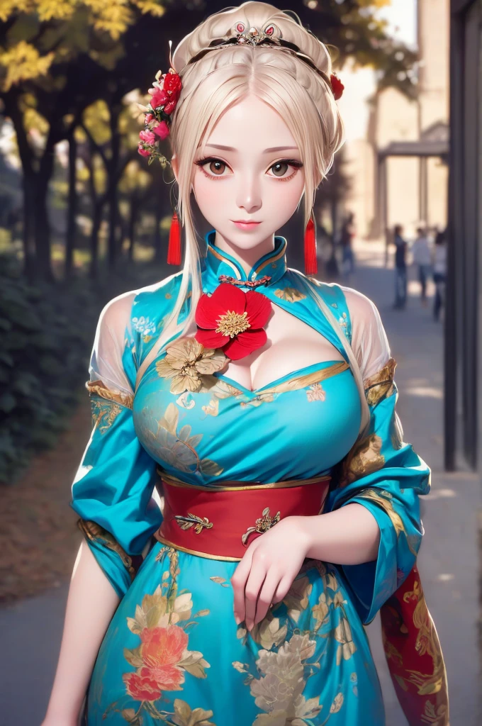 arafed woman in a blue dress with a red flower in her hair, a detailed painting inspired by Lan Ying, pixiv, fantasy art, ancient chinese princess, ancient chinese beauties, chinese princess, ancient asian dynasty princess, beautiful render of tang dynasty, a beautiful fantasy empress, chinese empress, palace ， a girl in hanfu, ((a beautiful fantasy empress))