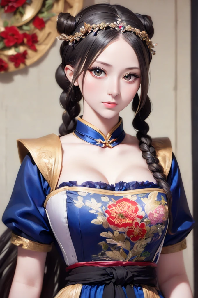 arafed woman in a blue dress with a red flower in her hair, a detailed painting inspired by Lan Ying, pixiv, fantasy art, ancient chinese princess, ancient chinese beauties, chinese princess, ancient asian dynasty princess, beautiful render of tang dynasty, a beautiful fantasy empress, chinese empress, palace ， a girl in hanfu, ((a beautiful fantasy empress))