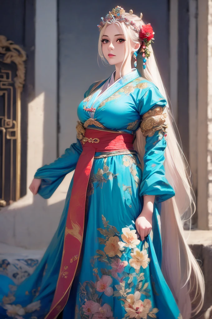 arafed woman in a blue dress with a red flower in her hair, a detailed painting inspired by Lan Ying, pixiv, fantasy art, ancient chinese princess, ancient chinese beauties, chinese princess, ancient asian dynasty princess, beautiful render of tang dynasty, a beautiful fantasy empress, chinese empress, palace ， a girl in hanfu, ((a beautiful fantasy empress))