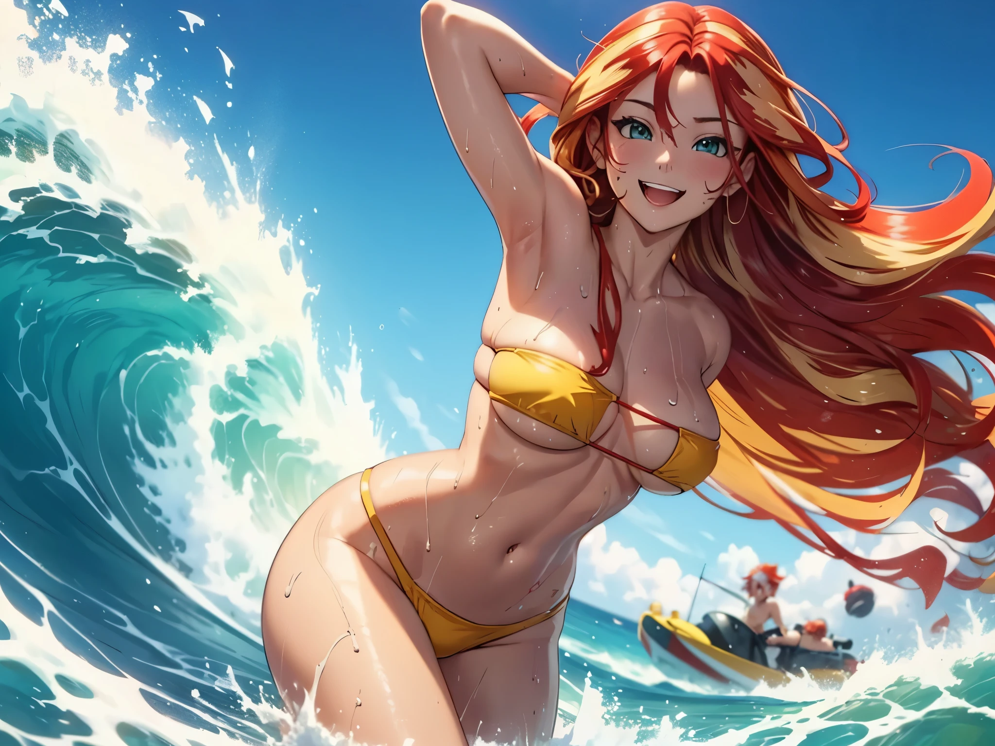 sunsethuman, female, two tones of hair, red and yellow hair, running in a bikini through the surf, wet body, beach, smiling, open mouth, waves in the background