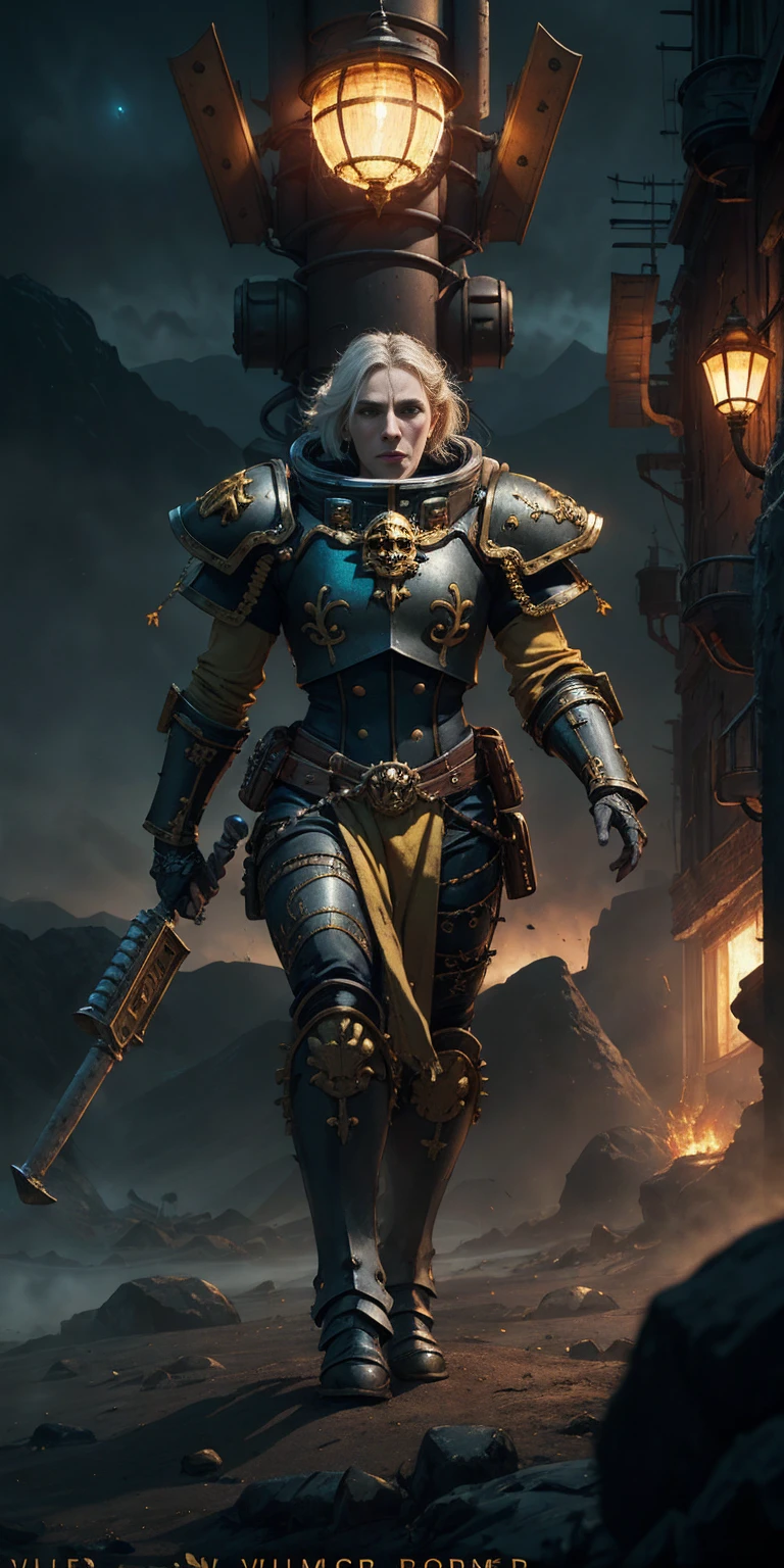 druid, warhammer 40k, Space Marine, intricate ornate, Dark gray bronze mustard yellow armor, acquired a sisterhood, dynamic posture, Savannah landscape background, volumetric cinematic lighting, (very detailed skull:0.8), realistic reflections, cinematographic composition
