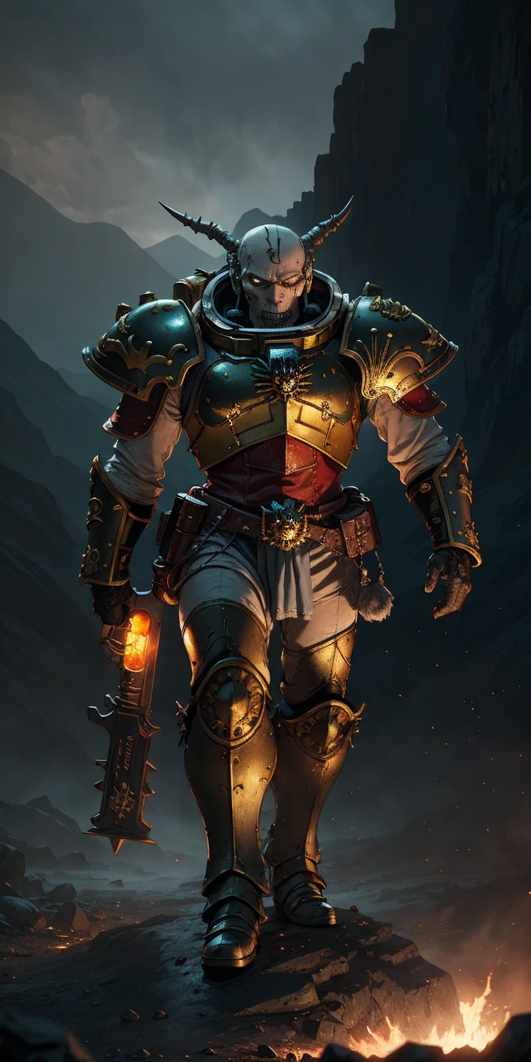 druid, warhammer 40k, Space Marine, intricate ornate, Dark gray bronze mustard yellow armor, acquired a sisterhood, dynamic posture, Savannah landscape background, volumetric cinematic lighting, (very detailed skull:0.8), realistic reflections, cinematographic composition