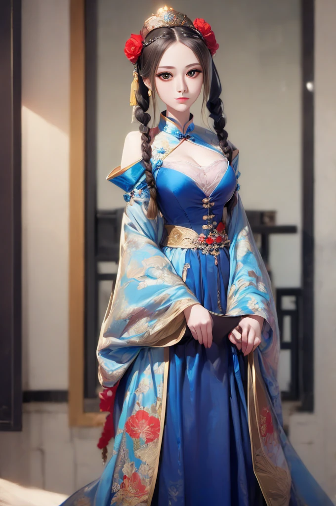 arafed woman in a blue dress with a red flower in her hair, a detailed painting inspired by Lan Ying, pixiv, fantasy art, ancient chinese princess, ancient chinese beauties, chinese princess, ancient asian dynasty princess, beautiful render of tang dynasty, a beautiful fantasy empress, chinese empress, palace ， a girl in hanfu, ((a beautiful fantasy empress))