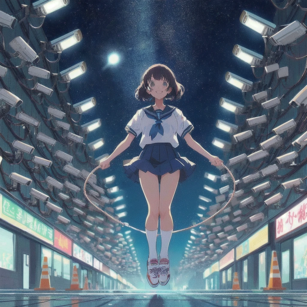 Anime girl in a sailor uniform jumping rope in a street full of security cameras, Crazy Smile,80s anime style, Trending Anime Artwork, 80&#39;s Town,Lofi,Japanese Pop Surrealism, lofi album art, Anime atmosphere, Anime Style 4k, Anime Aesthetics, Trending Anime Art, Lo-fi Girl, Makoto Shinkai Cyril Rolland, Beautiful anime art, A mix of anime style and Fujifilm, Anime style digital art