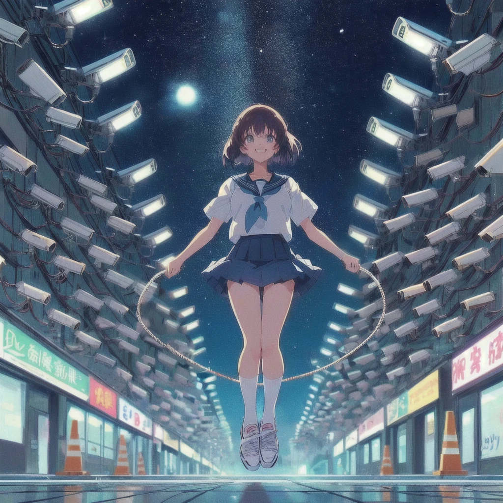 Anime girl in a sailor uniform jumping rope in a street full of security cameras, Crazy Smile,80s anime style, Trending Anime Artwork, 80's Town,Lofi,Japanese Pop Surrealism, lofi album art, Anime atmosphere, Anime Style 4k, Anime Aesthetics, Trending Anime Art, Lo-fi Girl, Makoto Shinkai Cyril Rolland, Beautiful anime art, A mix of anime style and Fujifilm, Anime style digital art