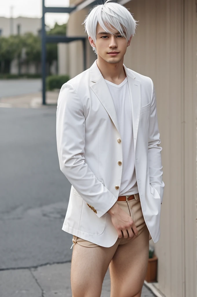 Anime: cute guy, white hair, , nude-toned clothes