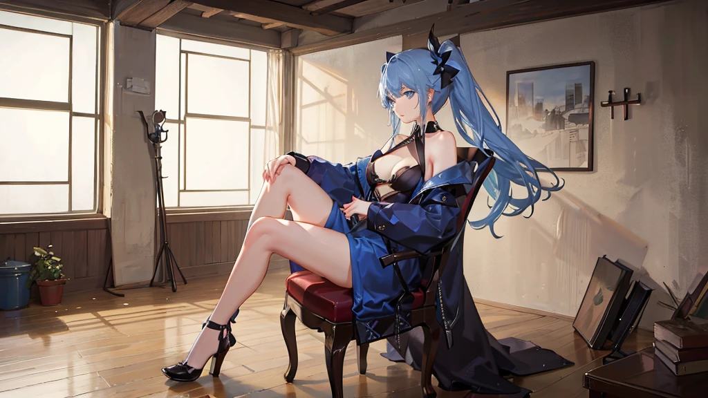 high resolution。Draw only the upper body from the side。Dimly lit basement。A beautiful woman with big breasts, a slender figure, long blue hair, blue eyes and a black spy outfit is sitting cross-legged on a chair.。