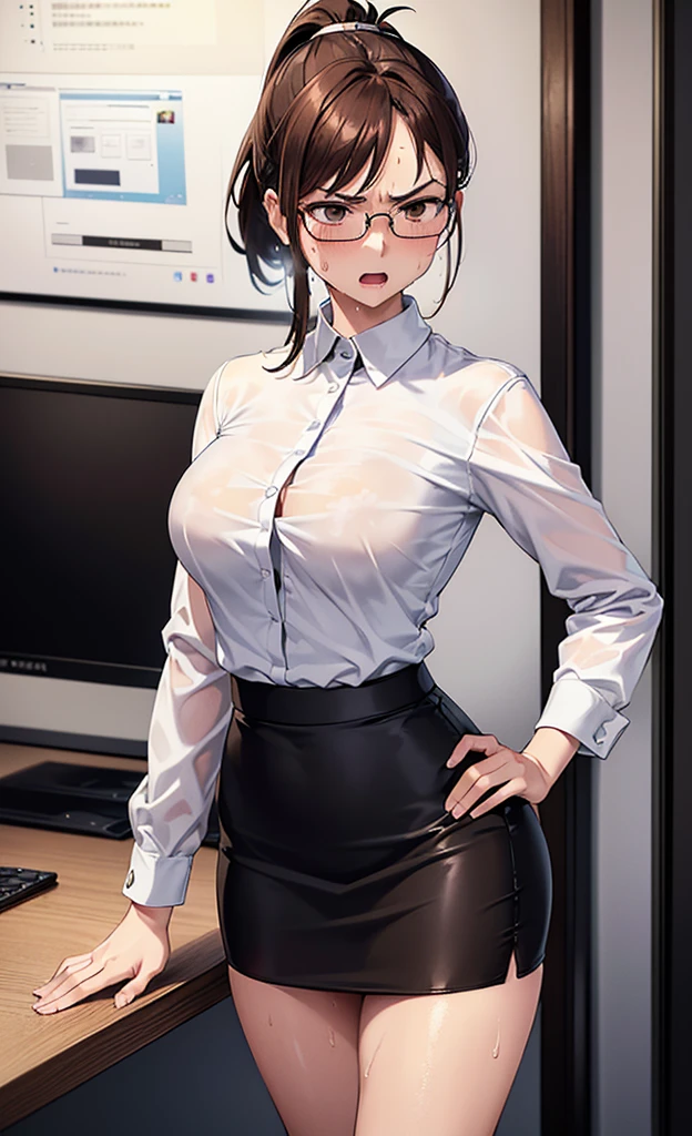 masterpiece, best quality, ultra detailed, ultra high resolution, very detailed face, solo, ((raw photo)), 22 years old japanese woman, (((office lady, white blouse))), (((black tight skirt))), glasses, ((brown bob hair, ponytail)), (((medium breast))), ((little angry)), ((sweat:1.3)), ((hands on the hip)), in the night room