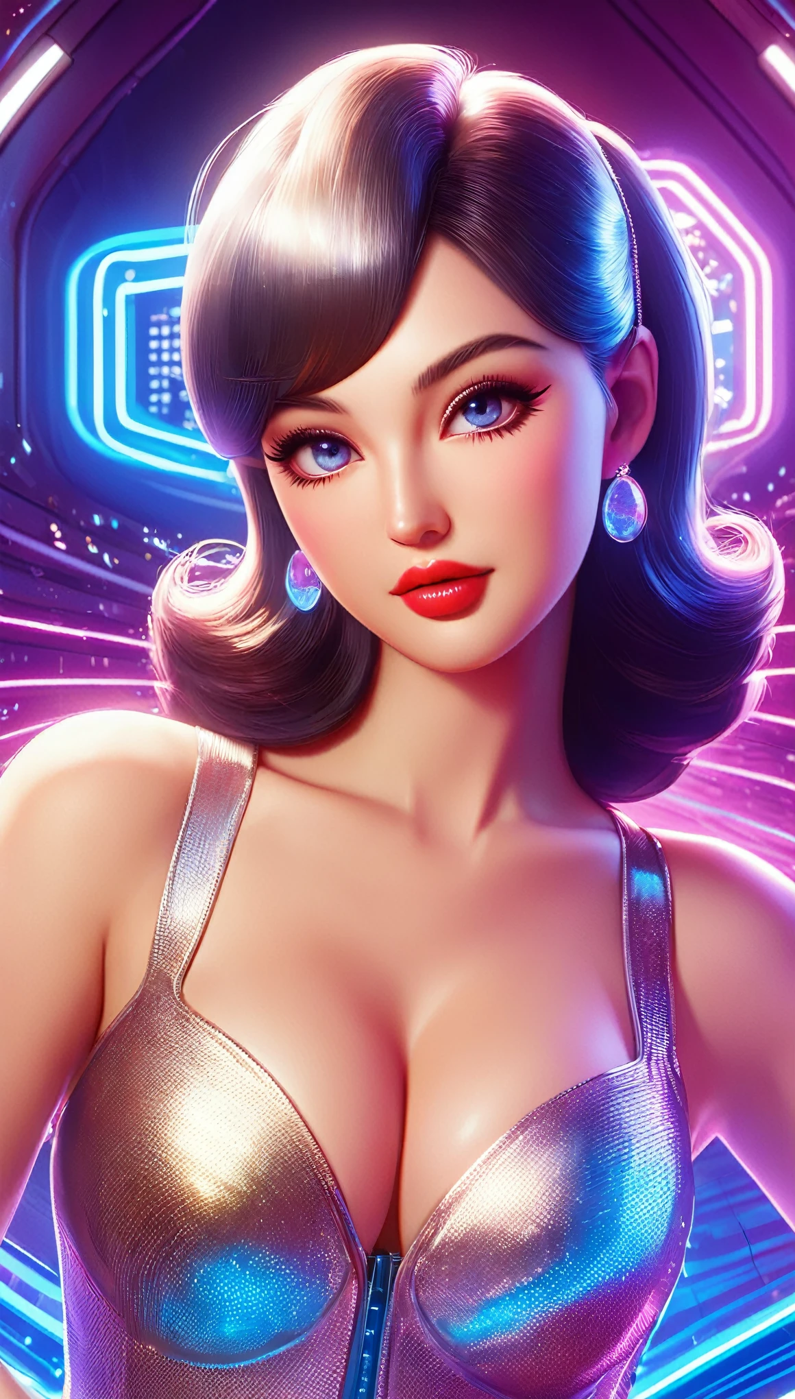 Generate a hyperrealistic image capturing the essence of a futuristic pin-up girl, seamlessly blending classic 1950s charm with cutting-edge technology. Envision her in a sleek, metallic environment adorned with holographic elements.. Ultra realistic, vibrant colors, 16k