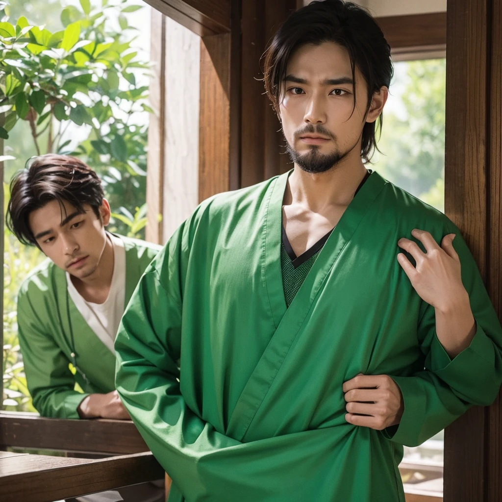 Create an image depicting a man dressed in green attire, embodying the MBTI mediator type, who is overly concerned about others. Show him in a scene where he displays excessive care and consideration towards those around him. Capture his expressions and gestures that convey his empathy and understanding. Set the scene in a tranquil, natural environment to highlight his role as a mediator. Ensure the composition emphasizes his generosity and compassionate nature.
