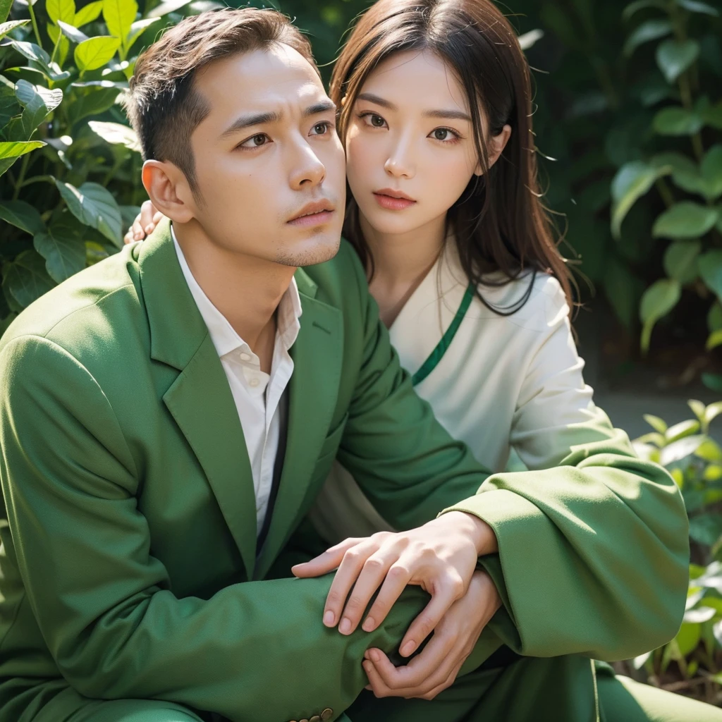 Create an image depicting a man dressed in green attire, embodying the MBTI mediator type, who is overly concerned about others. Show him in a scene where he displays excessive care and consideration towards those around him. Capture his expressions and gestures that convey his empathy and understanding. Set the scene in a tranquil, natural environment to highlight his role as a mediator. Ensure the composition emphasizes his generosity and compassionate nature.