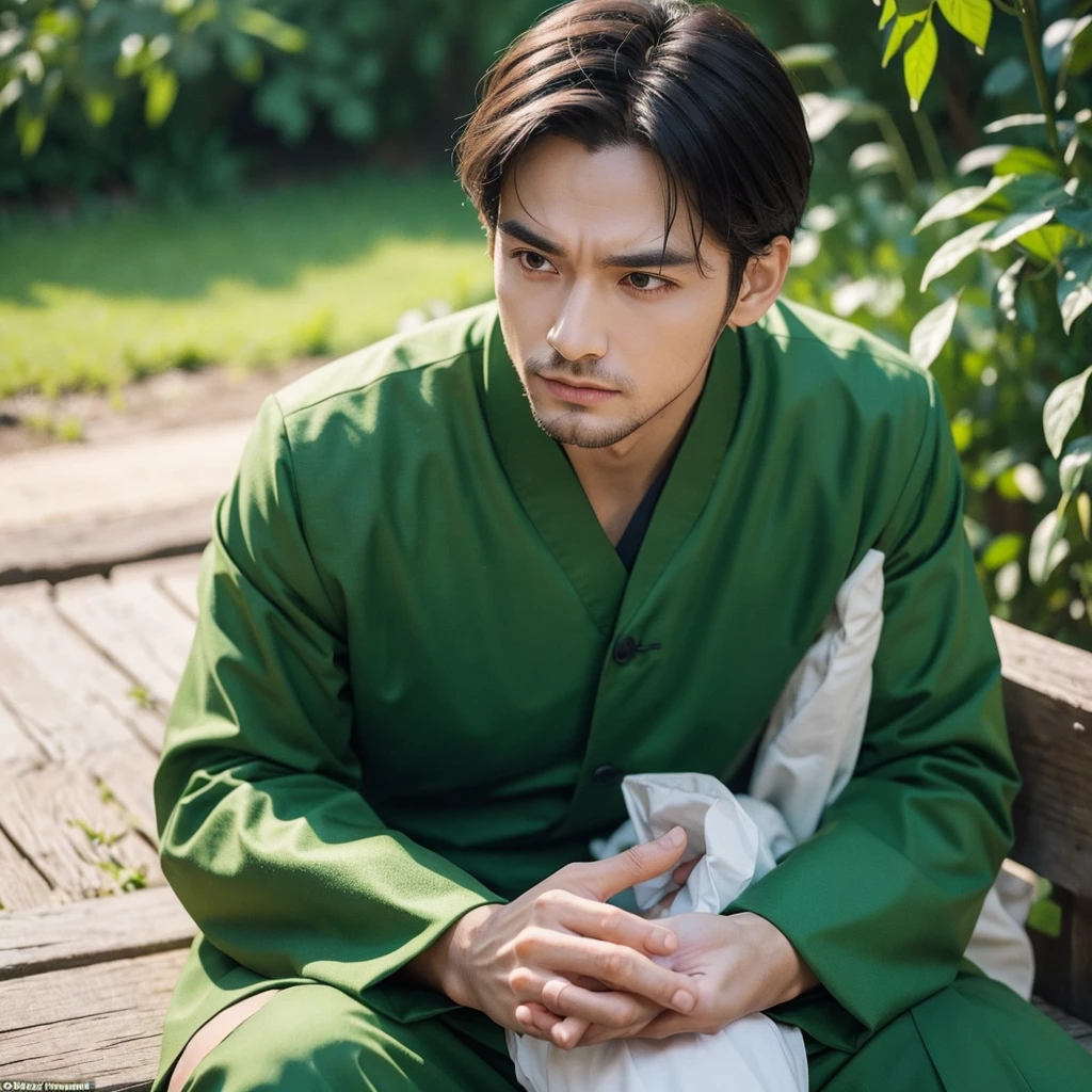 Create an image depicting a man dressed in green attire, embodying the MBTI mediator type, who is overly concerned about others. Show him in a scene where he displays excessive care and consideration towards those around him. Capture his expressions and gestures that convey his empathy and understanding. Set the scene in a tranquil, natural environment to highlight his role as a mediator. Ensure the composition emphasizes his generosity and compassionate nature.