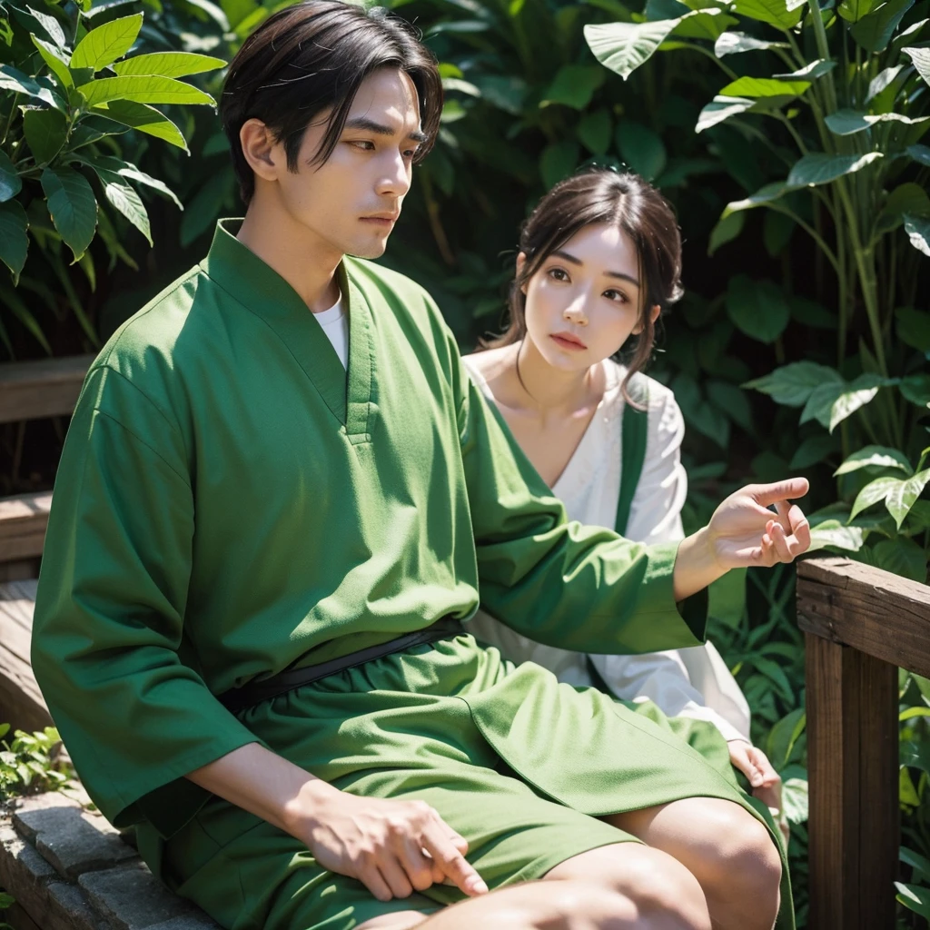 Create an image depicting a man dressed in green attire, embodying the MBTI mediator type, who is overly concerned about others. Show him in a scene where he displays excessive care and consideration towards those around him. Capture his expressions and gestures that convey his empathy and understanding. Set the scene in a tranquil, natural environment to highlight his role as a mediator. Ensure the composition emphasizes his generosity and compassionate nature.