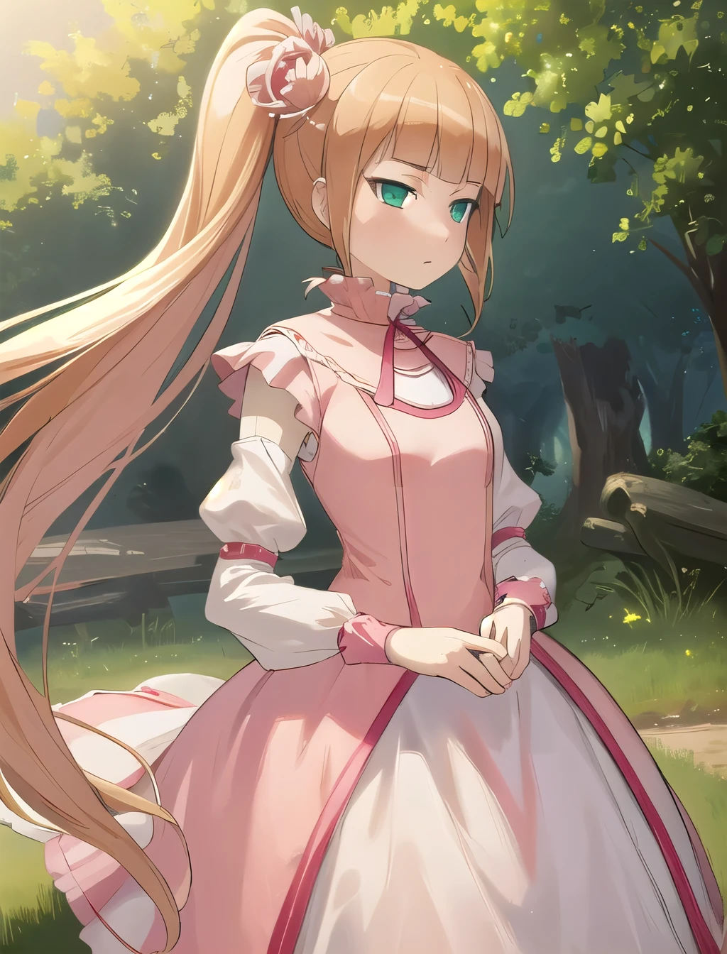 Best Quality, Masterpiece, high resolution, detailed, digital artwork, EcarlateJSP, pink dress, white sleeves, green eyes, pierce hair, Horse tail, empty eyes, outdoor, anime desing ,criying
