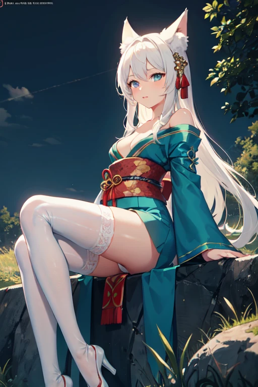 ((best quality)), ((masterpiece)), (detailed), Anime 18-year-old woman with white hair and blue eyes sitting on the stone steps by the river bank at night, Fox tail，Fox ears，long hair ，headgear, Waist ornaments，Anime style 4k, Elegant emerald green kimono,belt，White(Over-the-knee lace stockings)，Off-shoulder, Best anime 4K wallpapers, Anime Art Wallpaper ，Small Breasts，Muscle lines are not obvious，seductive posture，natural posture，whole body，High viewing angle，Show your buttocks，
