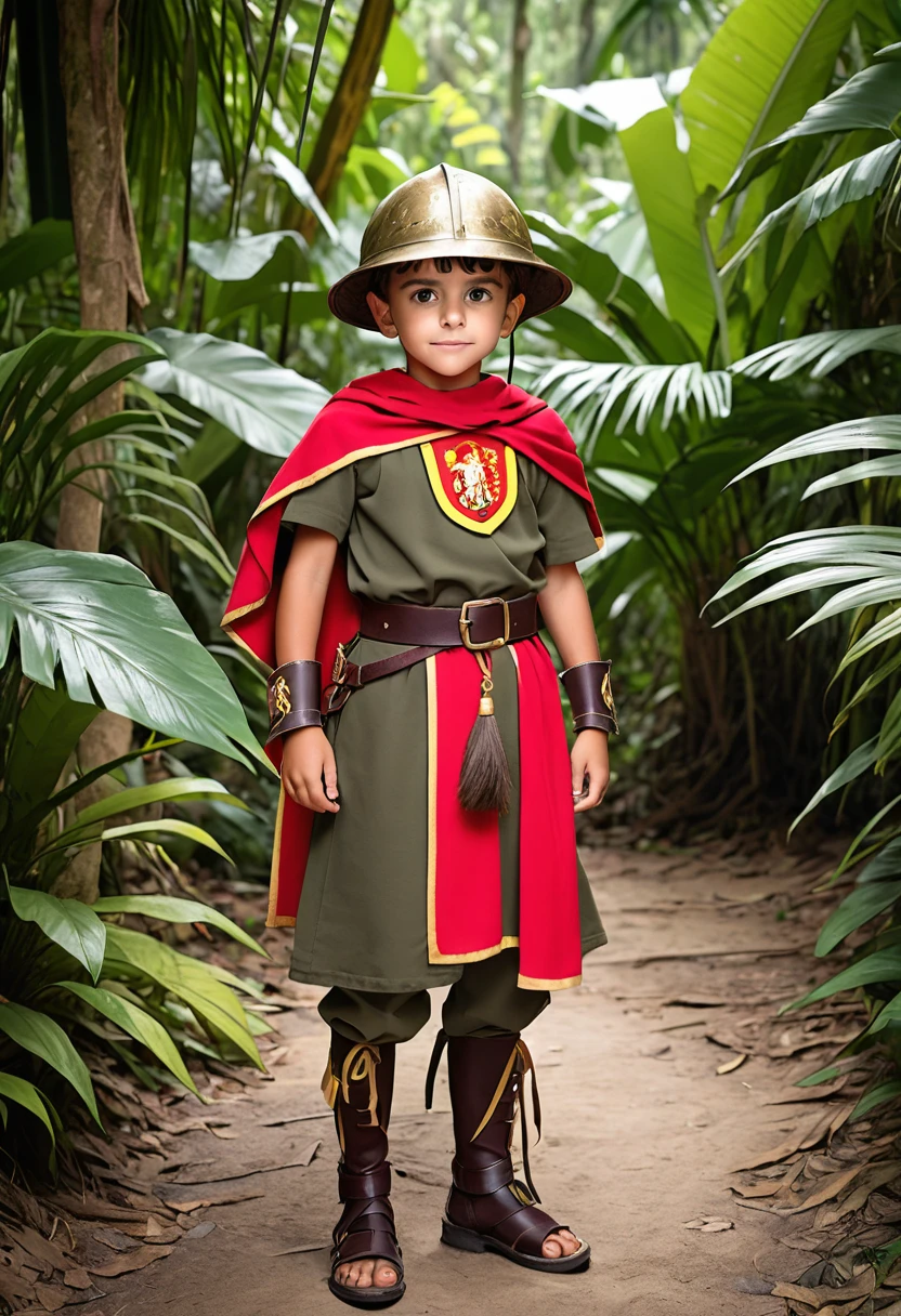a spanish at the jungle, he is wearing spanish conqueror outfit