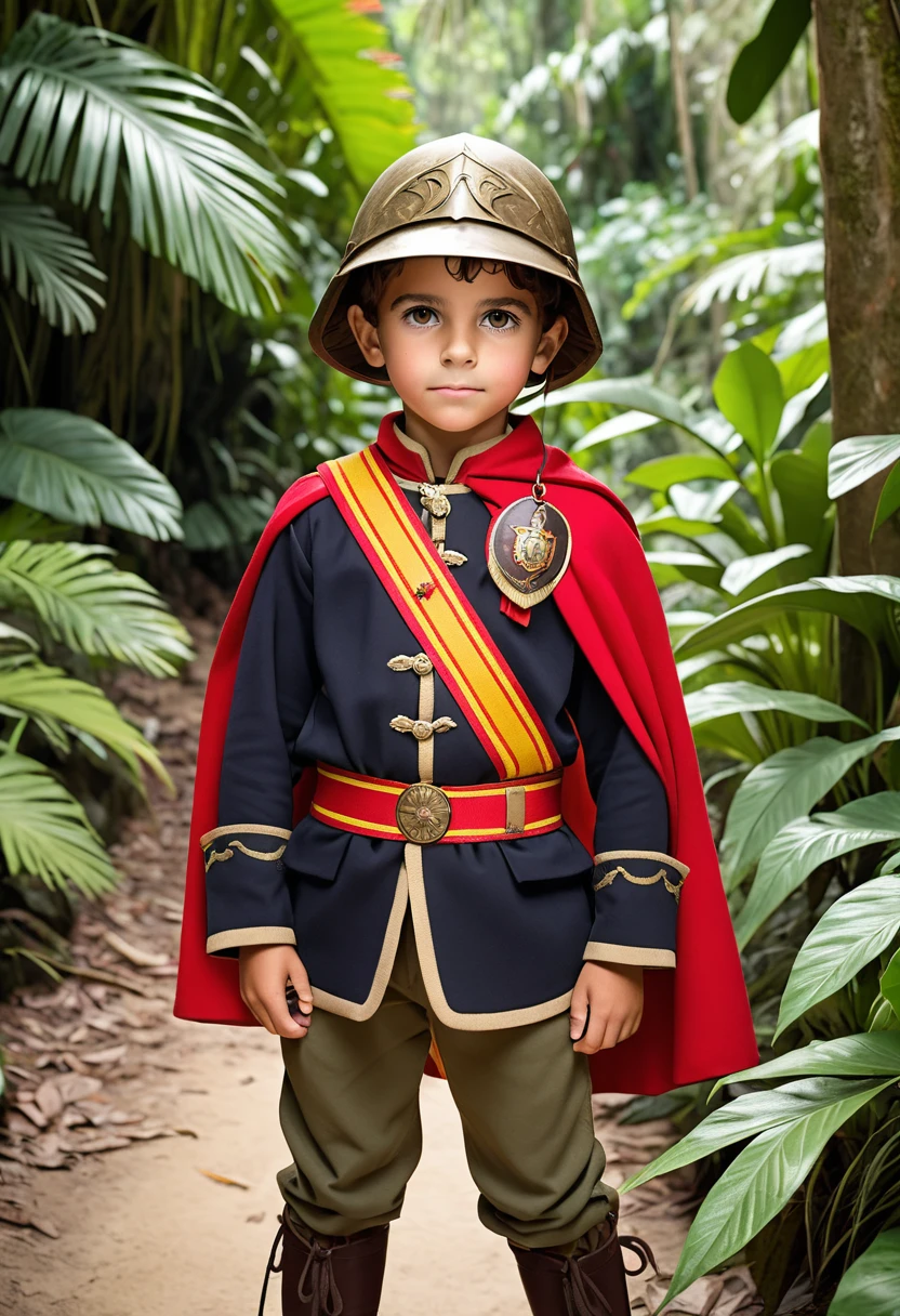a spanish at the jungle, he is wearing spanish conqueror outfit