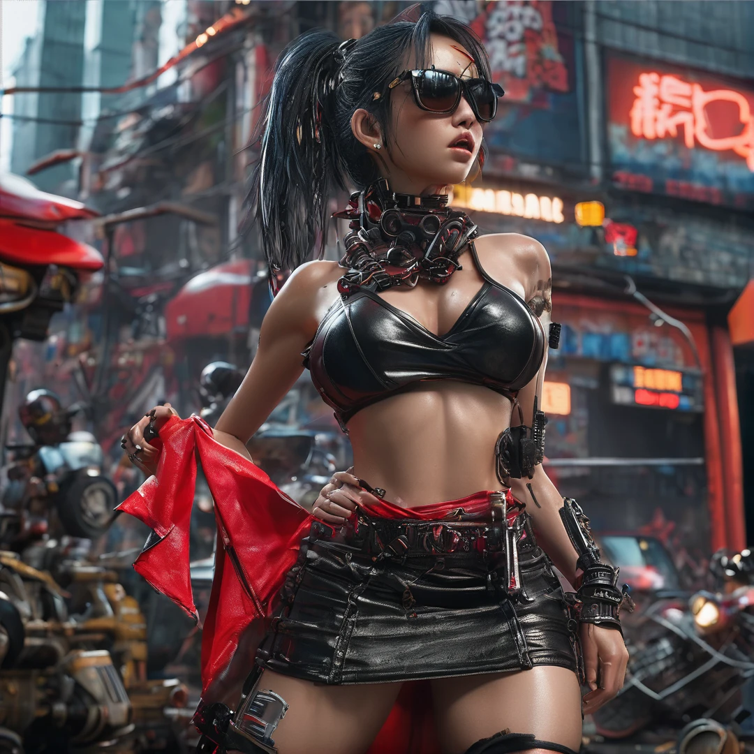 ((Masterpiece stunning Anime illustration)), ((2 extremely delicate and beautiful cybernetic Cyberpunk girl)), (2 girls), ((highly detailed face)), ((mechanical limb, mechanical vertebrae)), ((mechanical cervical attaching to neck)), (wires and cables attaching to neck:1.2), ((mass of wires and cables on head)), ((wearing colorful Harajuku tech jacket with logo)), (dynamic pose), ((cowboy shot)), (masterpiece), (((best quality))), ((ultra-detailed)), (highly detailed illustration), cinematic lighting, science fiction, extremely detailed,colorful,highest detail, (((cyberpunk city background, (Blade Runner), Harajuku district))), NSFW, eve , stellar blade, fringe hair, brown eyes, Woman sitting on her haunches, looking sexy at the camera