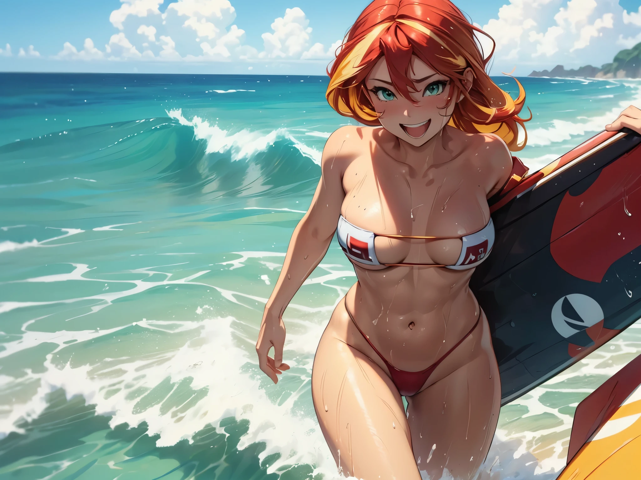 sunsethuman, female, two tones of hair, red and yellow hair, running in a bikini through the surf, wet body, beach, smiling, open mouth, waves in the background