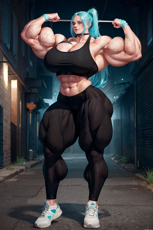 ((Massive, beautiful, buff, sweaty, pale white skinned woman with cyan hair, black lipstick, ginormous bulky muscles and wearing a black sports bra with jogging pants)), ((close view)), massive muscles, massive biceps, hyper muscle shoulders, massive muscle arms, vascular shoulders, hyper muscle triceps, long beachy hair, purple eyes, choker, sneakers, (in a gritty alley at night), long fingerless gloves, (evil smile), hyper vascular arms, hyper muscles arms, hyper muscle legs, massive arms