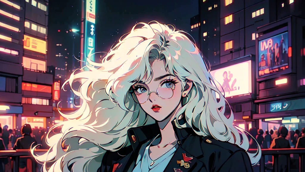 (80's, Retro, City Pop:1.5), (Album cover), (masterpiece, Highest quality, Exquisite detail), (anime, figure), (pastel colour:1.3), Best Photo Poses, Dynamic Angle,girl, alone, cool, Delicate face, Wearing sunglasses, Blonde Hair, Cityscape, City of night,
