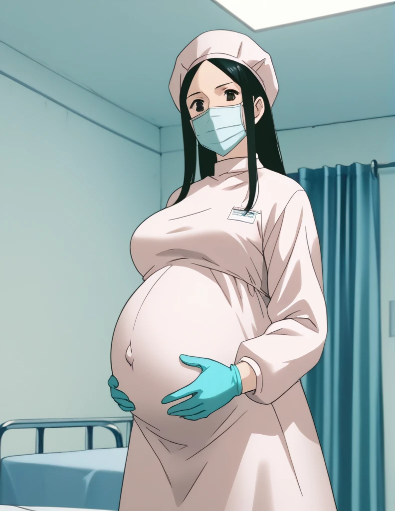 score_9,  score_8_up, score_7_up, source_anime, kasuganoray, pale skin, shy eyes, big breasts, long hair, scrubs, surgical mask, surgical cap, long sleeve maternity dress, seamless, 
1girl, pregnant, solo, rubber gloves, looking down, furrowed brow, hospital bed, standing