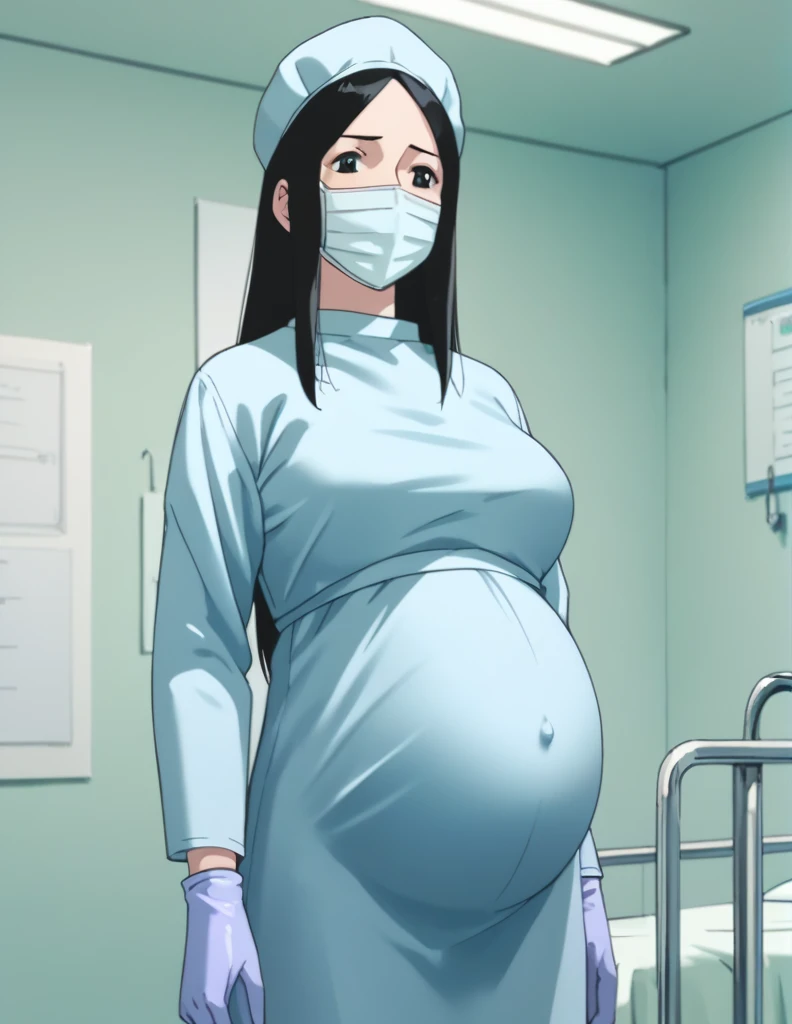 score_9,  score_8_up, score_7_up, source_anime, kasuganoray, pale skin, shy eyes, big breasts, long hair, scrubs, surgical mask, surgical cap, long sleeve maternity dress, seamless, 
1girl, pregnant, solo, rubber gloves, looking down, furrowed brow, hospital bed, standing