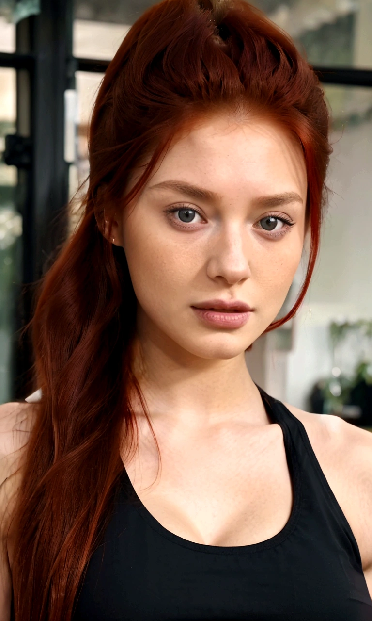 arafed woman with long red hair in a black top, attractive female face, portrait of a beautiful model, attractive face and body, young beautiful woman, sexy face, attractive young woman, beautiful well rounded face, beautiful young woman, gorgeous attractive face, photo of a beautiful woman, beautiful female model, strong facial features, portrait sophie mudd, attractive woman