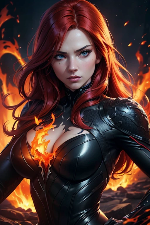 (((medium full shot))), (Masterpiece, photorealistic, photorealism, best quality, ultra-detailed:1.3), (nice hands, perfect hands), official art, cinematic light, (1girl:1.3), adult, sexy, long red hair, pretty, confident, black symbiote, venom symbiote, gray eyes, venom transformation, corruption, slime (substance), naturalism, hyper detailed, realistic
a woman with red hair and blue eyes is surrounded by fire, highly realistic digital art, smoldering, magic colors, haunting beautiful young woman, inspired by Fred Cress, radiating with power, closeup portrait of an mage, made of lava, photorender