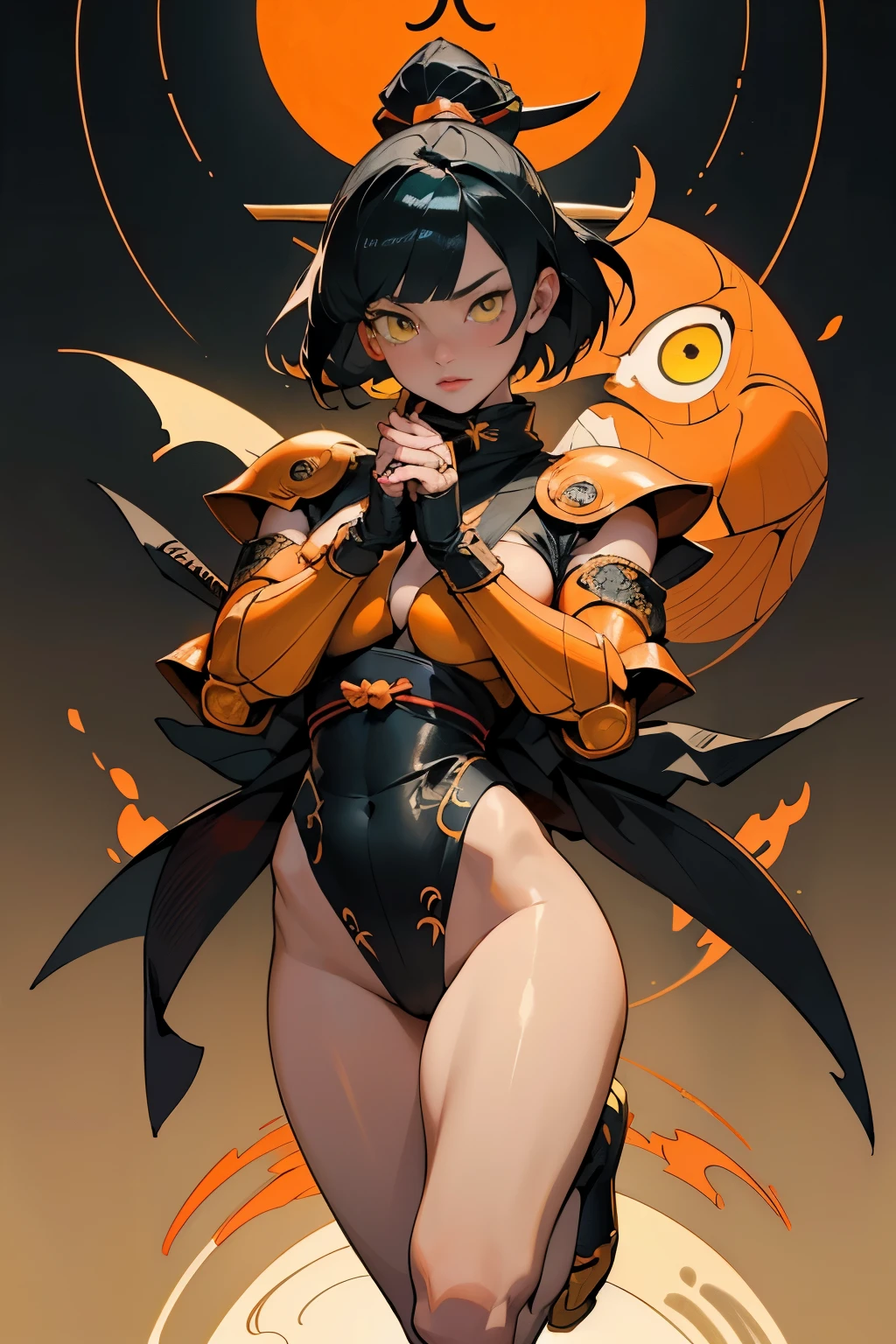 [Shinjuku background at night],Ginrei from Giant robot, (HENTAI ANIME) (Japanese NINJA Girl (Beauty) 19yo student)  and muscular [Slim & fit body], Short Bob Cut,([hornet] Orange Ninja Battle Armor) scarf [stall] ((Fitting rubber inner) [honeycomb] [edg]) hair adornments (Dull metallic luster:0.8),gravure [KUNOICHI],(Perfectly proportioned),Ideal color coordination),(Intricate and beautiful decoration (Dense detail)),[Perfect hand details],(Beautiful perfect face, yellow eyes, yellow irises, [Perfect eye details, [Full body like], fit thighs, thigh gap,[[Desaturation]], pretty hands, perfect fingers