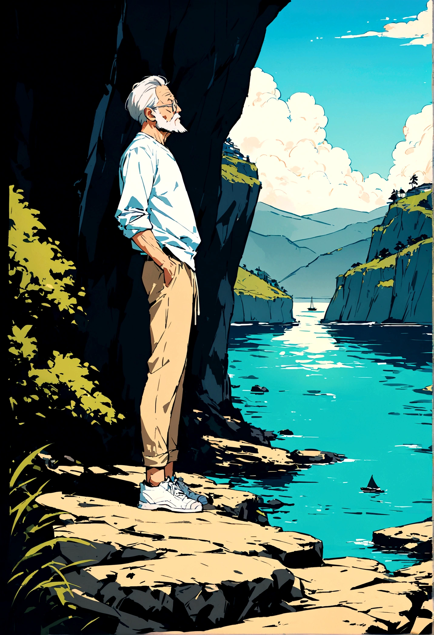 Create a high-quality anime-style image featuring an elderly man standing on a rocky cliff by the sea. The man has white hair, a beard, and is wearing round glasses. He is dressed in a white shirt, beige pants rolled up at the ankles, and white sneakers. His posture is relaxed, with his hands in his pockets, gazing thoughtfully into the distance.
The background consists of a clear blue sky filled with fluffy, white clouds. Below the cliff, there is a calm sea with boats and a small coastal village nestled at the foot of green, mountainous terrain. The scene captures a peaceful, reflective moment, with vibrant colors and detailed shading to emphasize the tranquil and contemplative atmosphere.