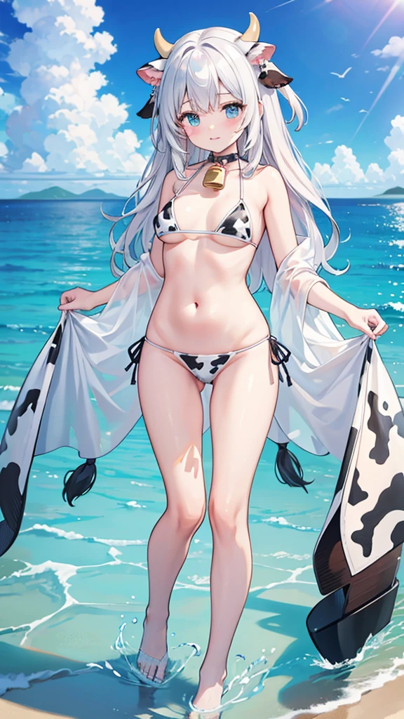  (masterpiece, highest quality:1.2), High resolution, Intricate details, Super detailed, (Highly detailed CG, unity 8k wallpaper), Clear image, (Cat ears:1.3), (Cow pattern bikini:1.5),  (standing in the sea:1.2), (ARMY Equipment:1.2), (Sunshine:1.2),
Blushed face, (From below),

A stunning resort scene by the blue sea, The scene is bathed in sunlight, highlighting the crystal-clear water and sandy beaches,