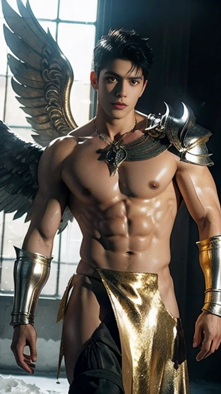 super high resolution, best quality, photo, 4k, (photorealistic: 1.4), cinematic lighting, full naked male angel with large translucent wings, expose the penis, huge penis, errected, shirtless naked muscular man, abdominal muscles dressed in medieval gold armor, detailed feathers, men angel with large translucent wings, muscular , big sexy ass, abdominal muscles clad in medieval gold armor, detailed feathers, environment cyberpunk, snow and ice environment in the background, ice cathedral, portal of the future, 3D light, HD, magic, god of light, backlighting, detailed face, inspirited by Li Xian, Leo Wu, contrasts, smooth skin, soft hands, correct anatomy, five fingers. focus on the penis
