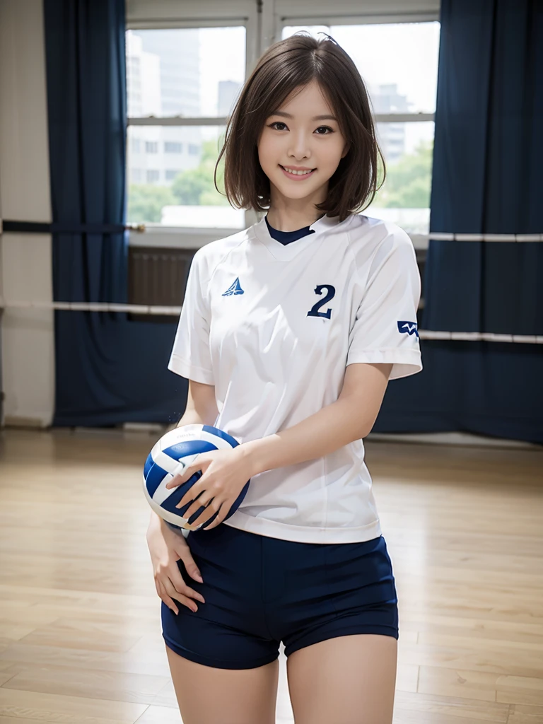 Glossy thighs、(8K、top-quality、​masterpiece:1.2)、(realisitic、Photorealsitic:1.37)、ultra-detailliert、top-quality、超A high resolution、professionally lit、Photon mapping、Radio City、physically-based renderingt、Cinematic lighting、depth of fields,Focusing,Sun'rays,Good composition,,(((1 girl of 12 years))),Double eyes、(((white Volleyball uniform 、Dark blue high-leg low-rise bloomers)))、Gymnasium、A big smile、Gymnasium Court,  (Tween model, 12 year old girl, young)), Ethereal beautiful, slim, very beautiful short hair,Colossal tits、 Toned abs, short cut hair、Soft light, ((David Hamilton Style)),