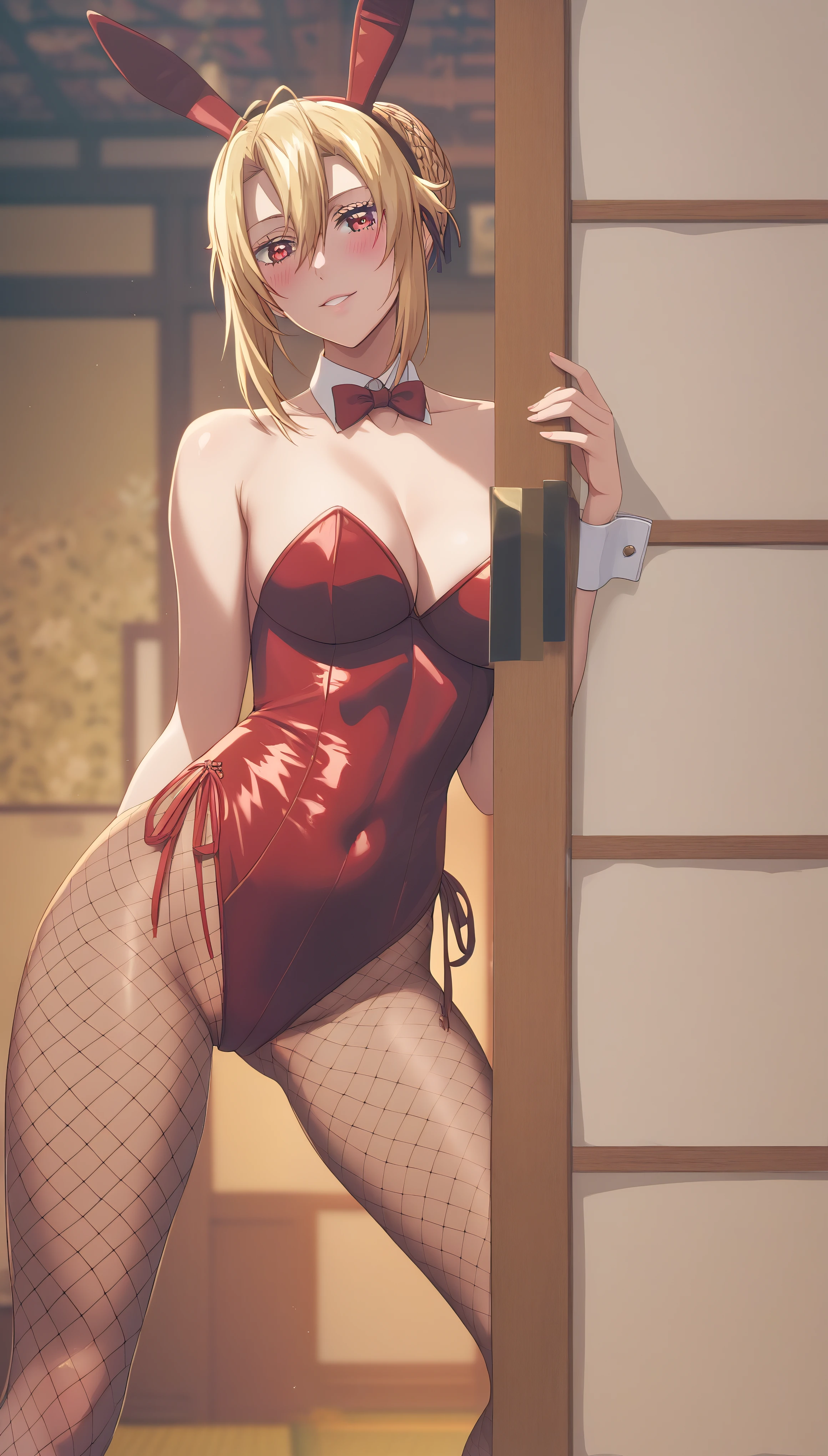 score_9, score_8_up, score_7_up, score_6_up, uncensored, angelica, blonde hair, braid, hair bun, red eyes, BREAK (masterpiece:1.2), best quality, high resolution,(detailed eyes:1.3), perfect lighting,(perfect hands, perfect anatomy), large breasts, seductive smile, fishnet_legwear, fishnets, animal_ears, bunny_ears, bunnysuit, pantyhose, 1girl, leotard, solo, fake_animal_ears, red_leotard, detached_collar, bare_shoulders, breasts, wrist_cuffs, bunny_girl, black_leotard, strapless_leotard, strapless, standing, alternate_costume, looking_at_viewer, red_neckwear, cowboy_shot, blush, sliding door, tatami,