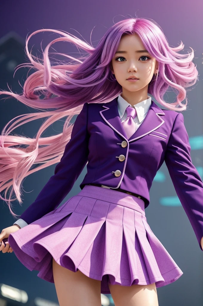 I want an animated character in the style of boku no hero. I would be a heroine with a musical gift, Her suit would have a skirt and the colors would be purple and pink.. Her hair would be short and very pretty., pastel pink with purple sparkles. 