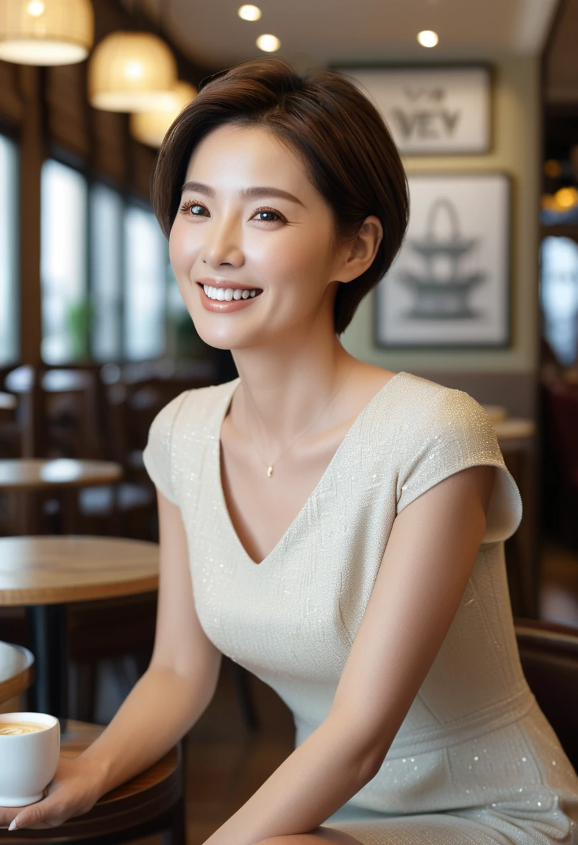 1 woman, (Wearing a high-quality, luxury brand dress with short sleeves and good texture.:1.6),(raw photo, best quality), (realistic, photo-realistic:1.4), masterpiece, Very delicate and beautiful Korean woman, very detailed, 2k wallpaper, amazing, in detail, very detailed CG unity 8k wallpaper, very detailed, mackerel, soft light, Beautiful and detailed 36 year old woman, very detailed eyes and face, beautiful and delicate nose, beautiful detailed eyes,cinematic lighting,(sitting in an upscale cafe:1.6),complete anatomy,slim body,(laugh:1.4),(young girl:1.4),(look at the viewer:1.4),(front view:2.0),cinematic angle, Inspired by Son Ye-jin, ,(split:0.8), light brown short hair, Bokeh shooting