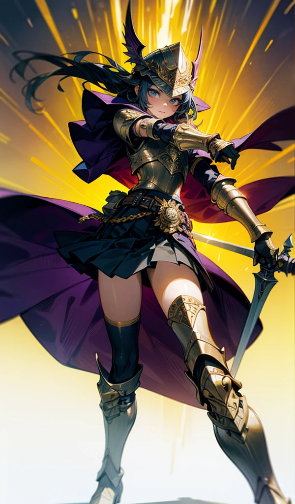 Fantasy world warrior with detailed armor, wielding a sword, vibrant colors, dynamic pose, and a skirt. The armor features golden accents, emerald inlays, shoulder pauldrons, chest plate with dragon motif, elbow guards, knee guards, shin guards, leather straps, metal buckles, chainmail underlayer, gauntlets with runes, plumed helmet, decorative belt, flowing cape, thigh-high boots, ornate scabbard, gem-encrusted hilt, floral patterns, and silk lining.